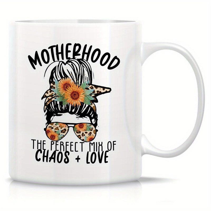 Tailorly White Ceramic 11 oz Mug - Motherhood The Perfect Mix Of Chaos Love Artistic Messy Bun With Sunflowers And Leopard Bandana Patterned Aviator Sunglasses