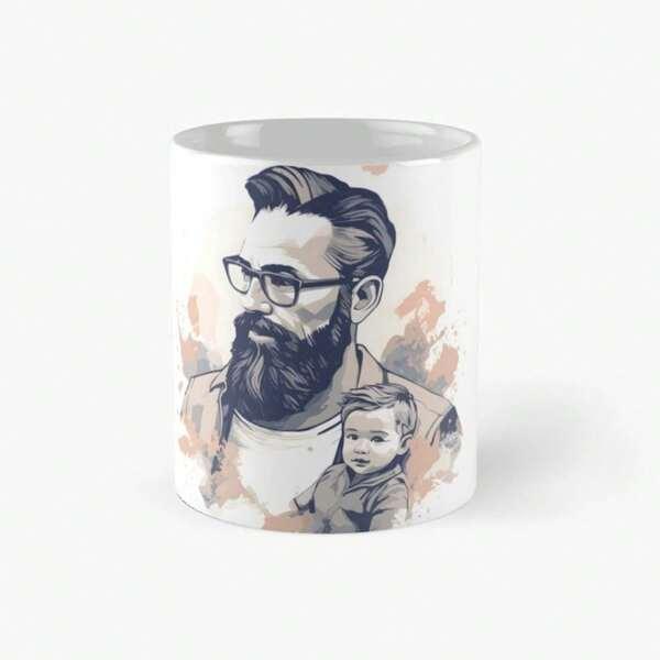 Tailorly White Ceramic 11 oz Mug - Stylish Modern Illustration Of A Bearded Man With A Little Child Father