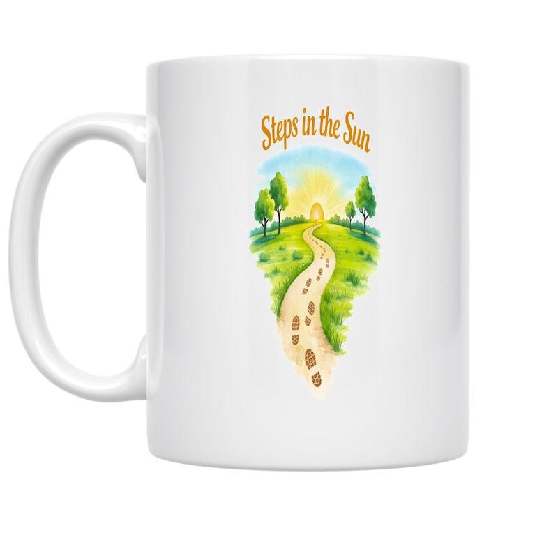 Tailorly White Ceramic 11 oz Mug - Steps In The Sun Winding Footprints Leading Through Green Meadows Under A Radiant Morning Sun Path