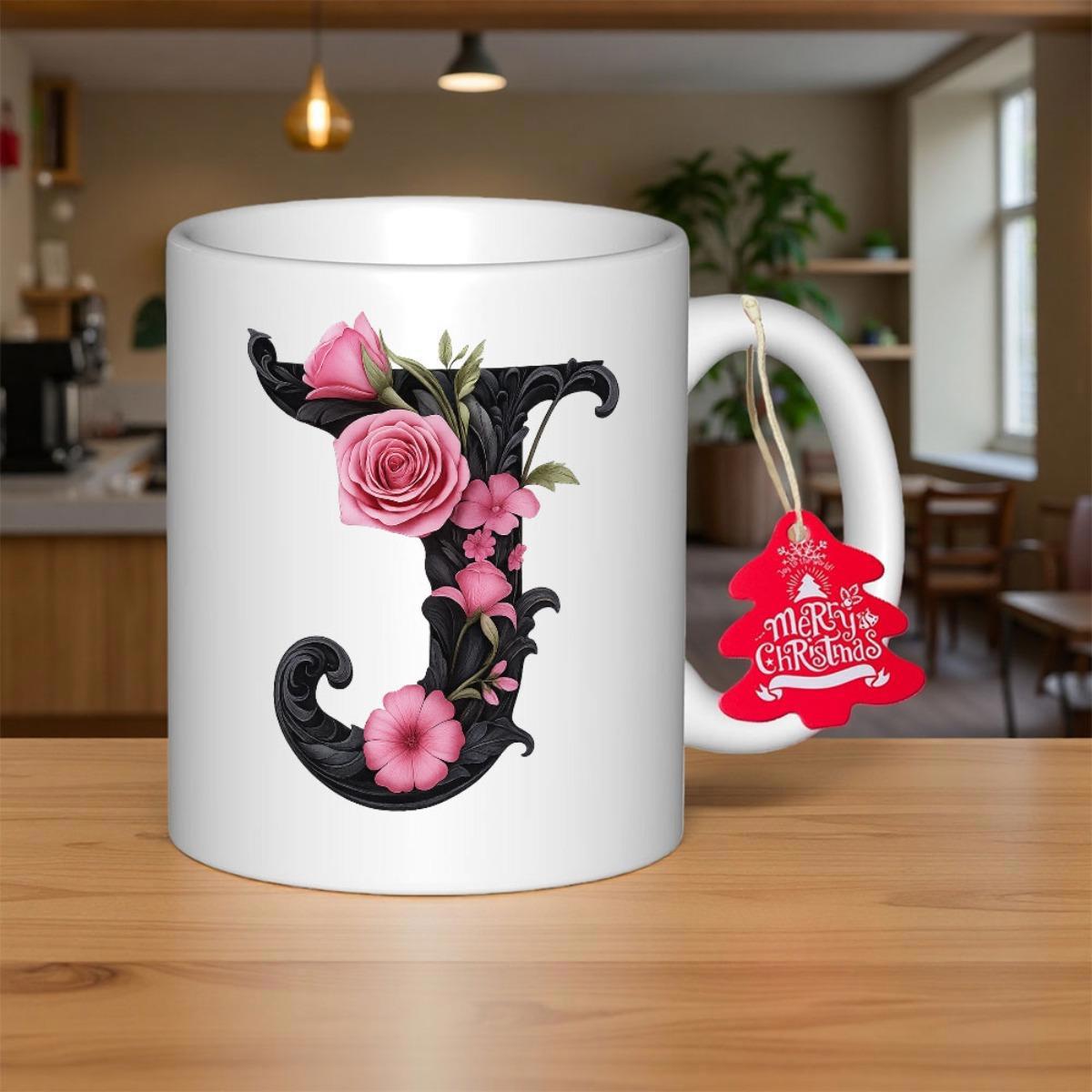 Tailorly White Ceramic 11 oz Mug - Merry Christmas Elegant Black Decorative Capital Adorned With Pink Blossoming Roses Letter