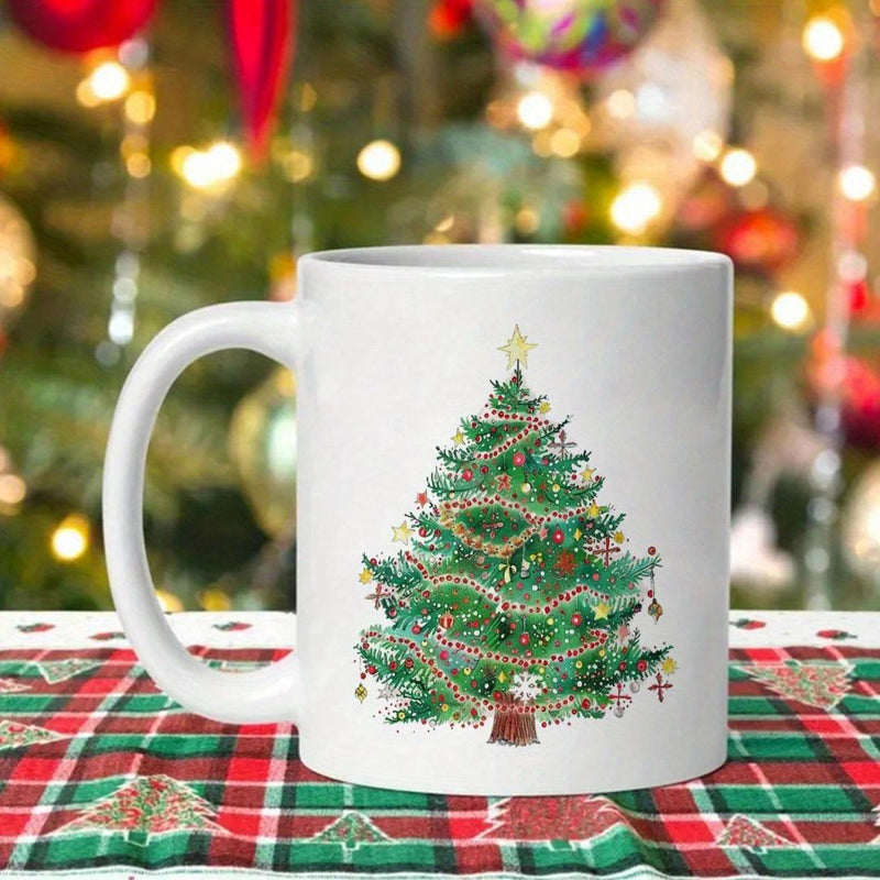 Tailorly White Ceramic 11 oz Mug - Vibrant Evergreen Decorated With Sparkling Ornaments And Shining Golden Tinsel Tree