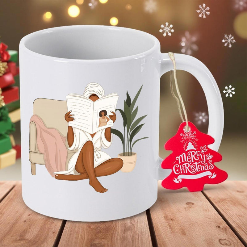 Tailorly White Ceramic 11 oz Mug - Merry Christmas Serene Morning Lifestyle Scene With Woman Reading Inside Cozy Chair Woman