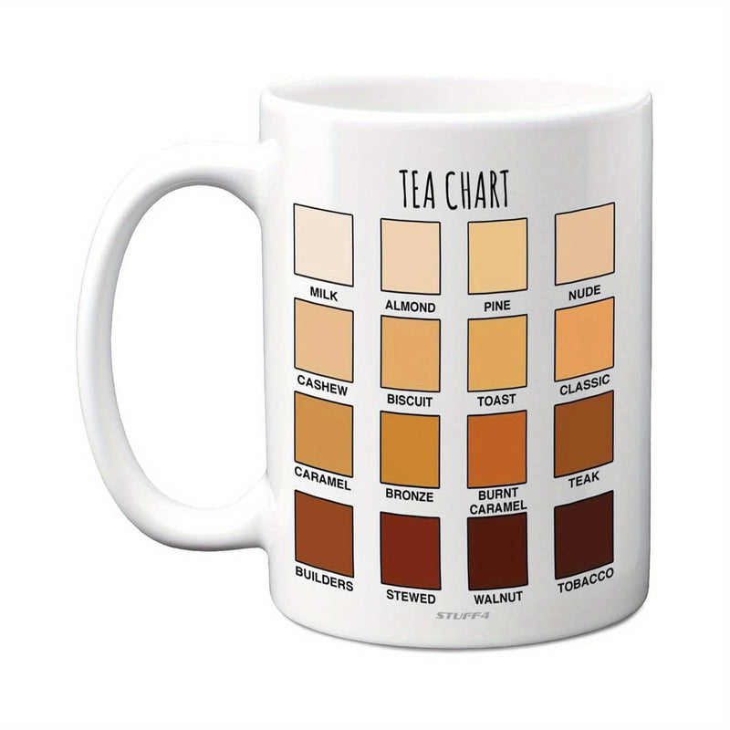 Tailorly White Ceramic 11 oz Mug - Tea Chart Minimalist Grid Layout Displaying Sixteen Different Shades Of Brewed Tea Chart