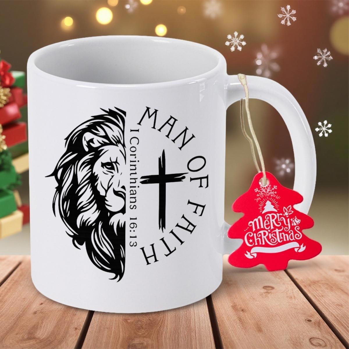 Tailorly White Ceramic 11 oz Mug - Man Of Faith Majestic Half Face With Religious Cross Symbol Representing Strength Lion