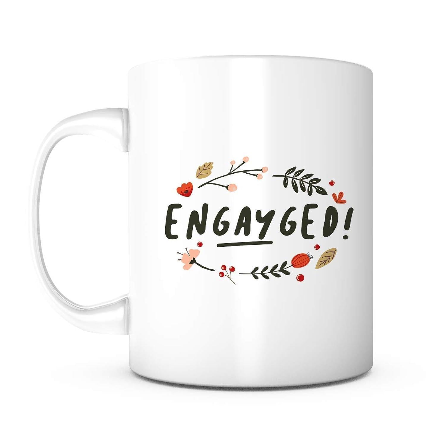 Tailorly White Ceramic 11 oz Mug - Engayged Hand Drawn Floral Branches With Colorful Berries Surrounding Festive Wreath