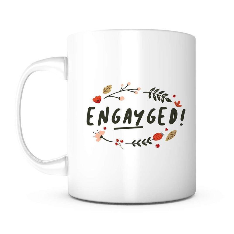 Tailorly White Ceramic 11 oz Mug - Engayged Hand Drawn Floral Branches With Colorful Berries Surrounding Festive Wreath