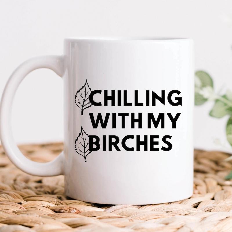 Tailorly White Ceramic 11 oz Mug - Chilling With My Birches Minimalist Black Line Art Of Delicate Forest Tree Foliage Leaf