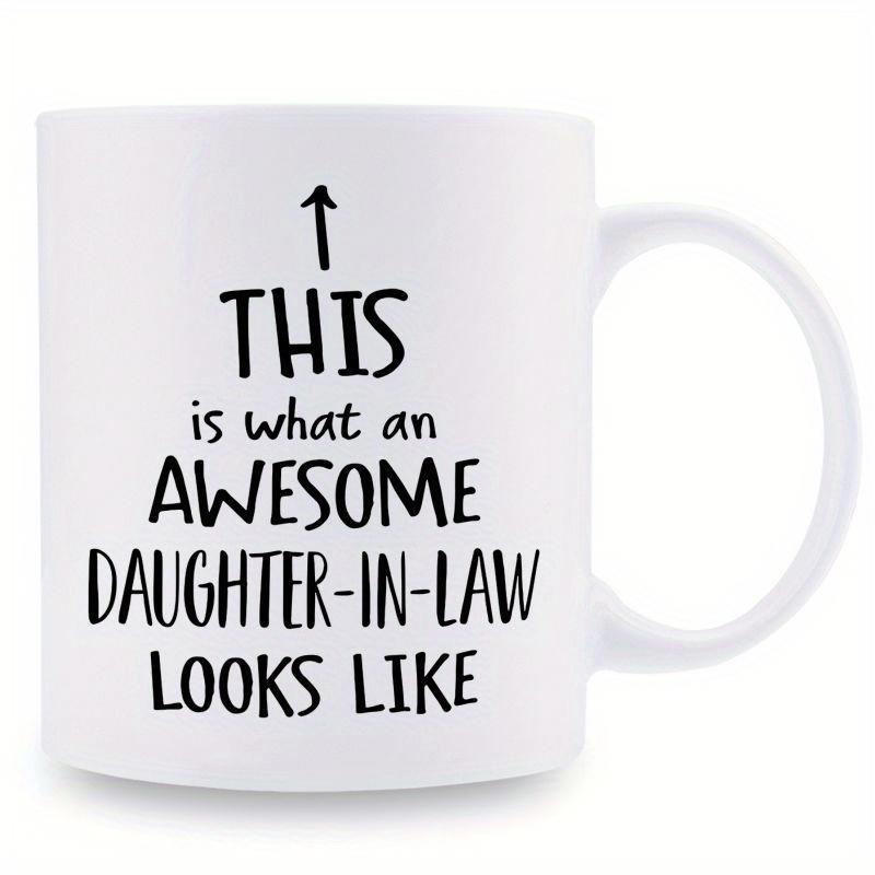 Tailorly White Ceramic 11 oz Mug - This Is What An Awesome Daughter In Law Looks Like Minimalist Black Typography With A Simple Hand Drawn Pointing Upward Arrow