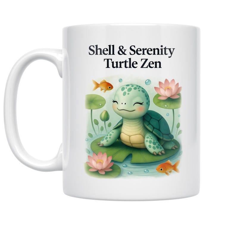 Tailorly White Ceramic 11 oz Mug - Shell Serenity Turtle Zen Peaceful Aquatic Scene With Cute Sea Creature Resting On Lily Pad Turtle