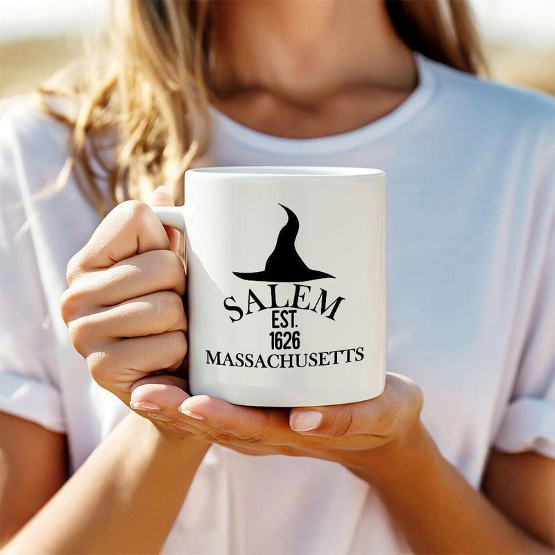 Tailorly White Ceramic 11 oz Mug - Salem Est 1626 Massachusetts Vintage Silhouette Of A Pointed Spooky Halloween Hat