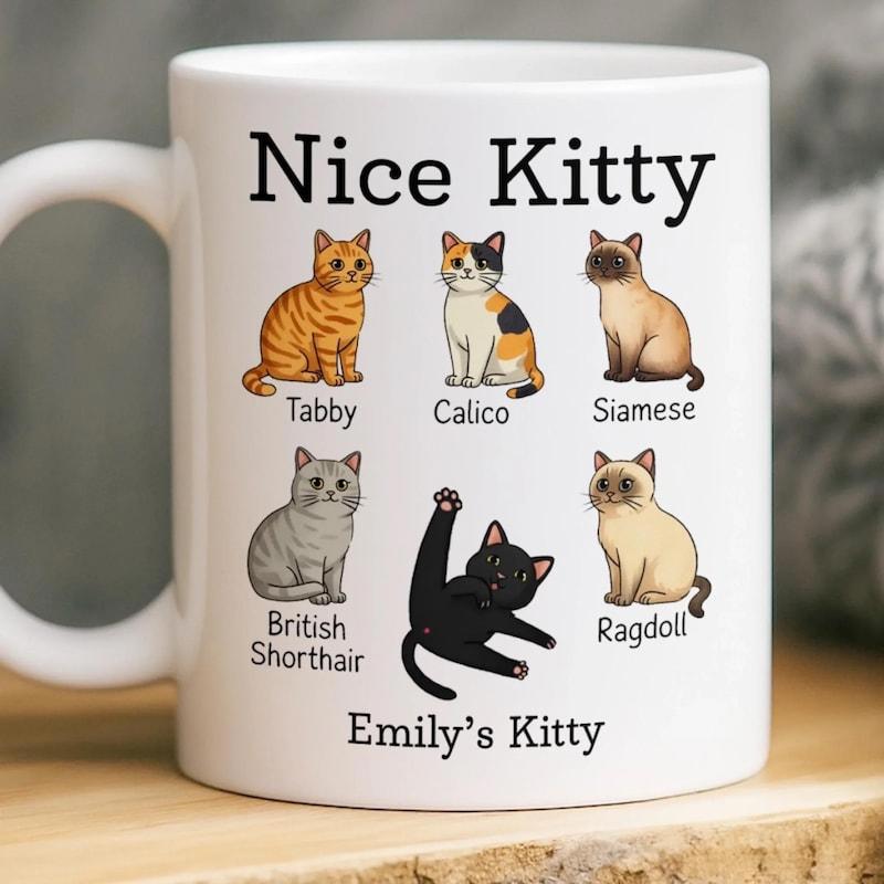 Tailorly White Ceramic 11 oz Mug - Nice Kitty Emily's Kitty Multiple Illustrated Felines Showcasing Different Breeds In Artistic Arrangement Cat