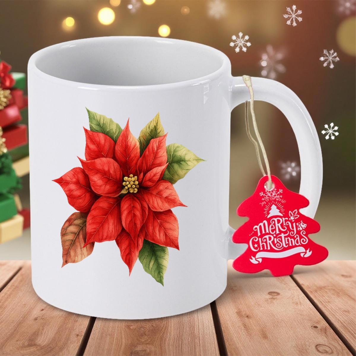 Tailorly White Ceramic 11 oz Mug - Merry Christmas Vibrant Blooming Red Petals With Green Leaves For Festive Season Poinsettia