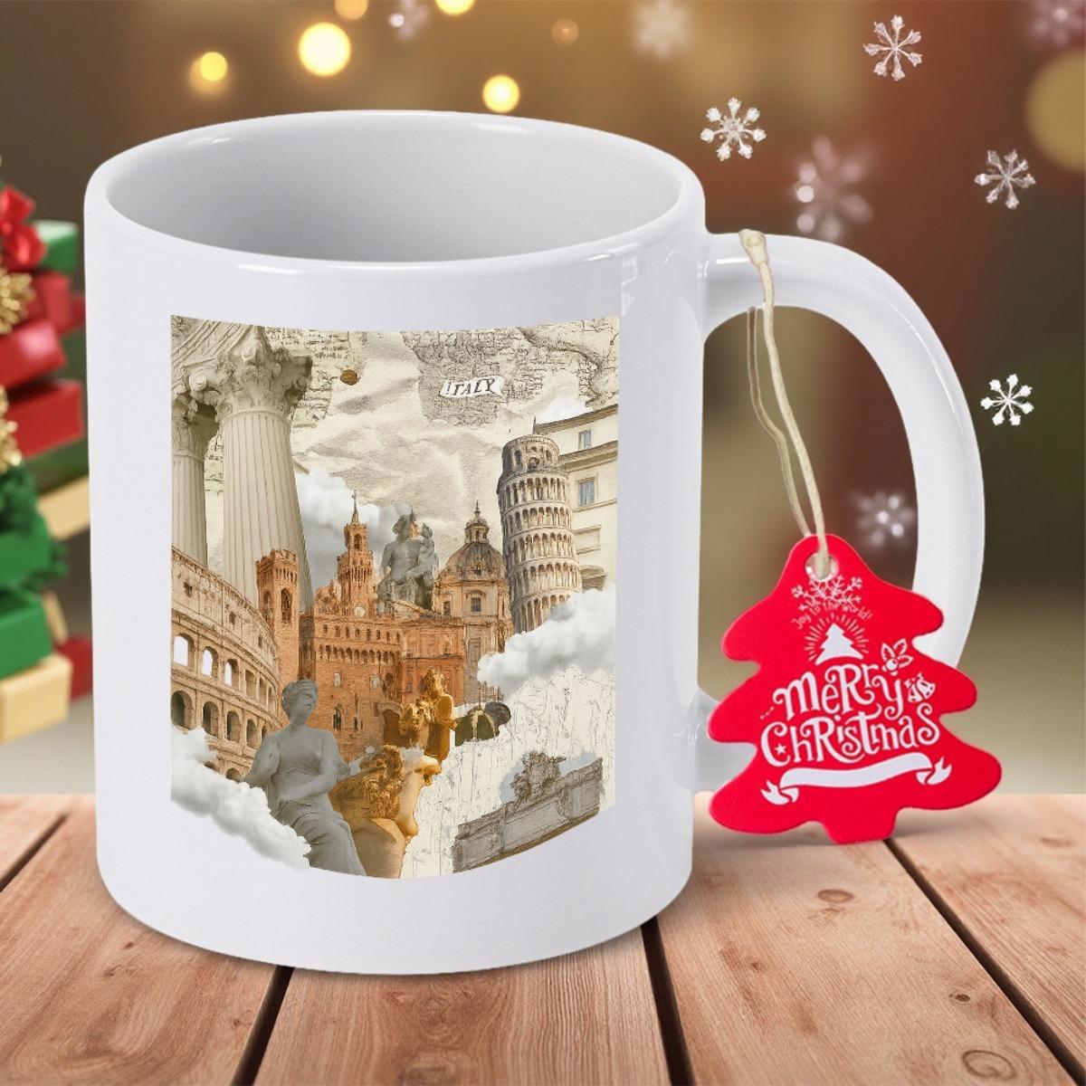 Tailorly White Ceramic 11 oz Mug - Merry Christmas Vintage Architectural Sketches Featuring Ancient Roman Ruins Among Classical Marble Columns Architecture