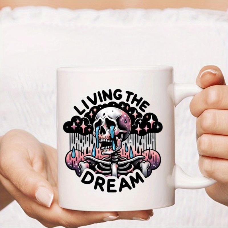Tailorly White Ceramic 11 oz Mug - Living The Dream Sad Skeleton Crying Blue Tears Beneath Dark Cloudy Sky With Stars Skull