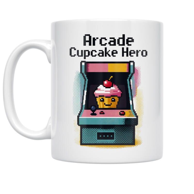 Tailorly White Ceramic 11 oz Mug - Arcade Cupcake Hero Retro Pixelated Console With Smiling Cherry Cupcake On Gaming Screen Arcade