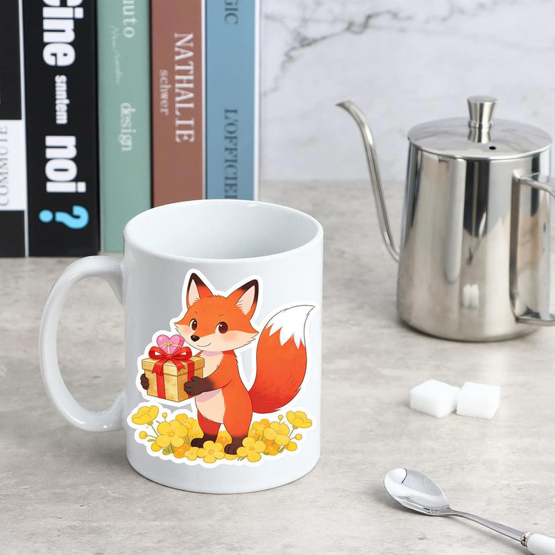 Tailorly White Ceramic 11 oz Mug - Adorable Cartoon Orange Fox Holding Gift Box Standing Among Yellow Flowers Fox