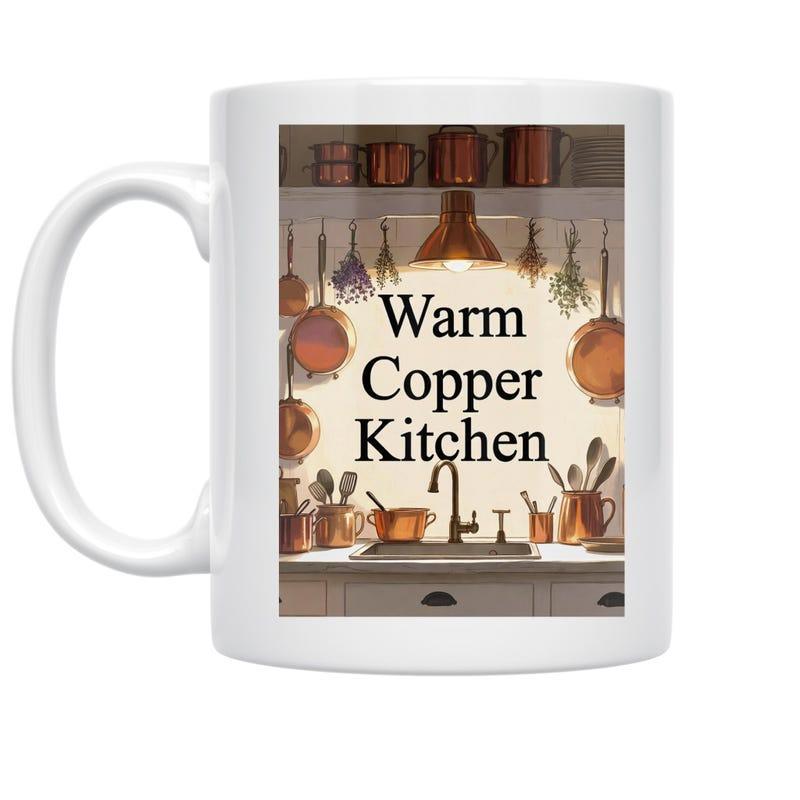 Tailorly White Ceramic 11 oz Mug - Warm Copper Kitchen Rustic Interior Featuring Hanging Copper Cookware And Dried Herbs Inside Cozy Kitchen