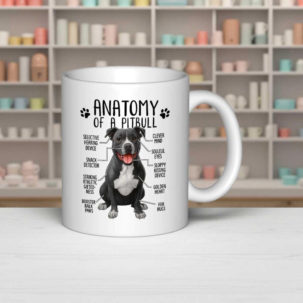 Tailorly White Ceramic 11 oz Mug - Anatomy Of A Pitbull Humorous Anatomical Diagram Of A Loyal Black And White Dog Pitbull