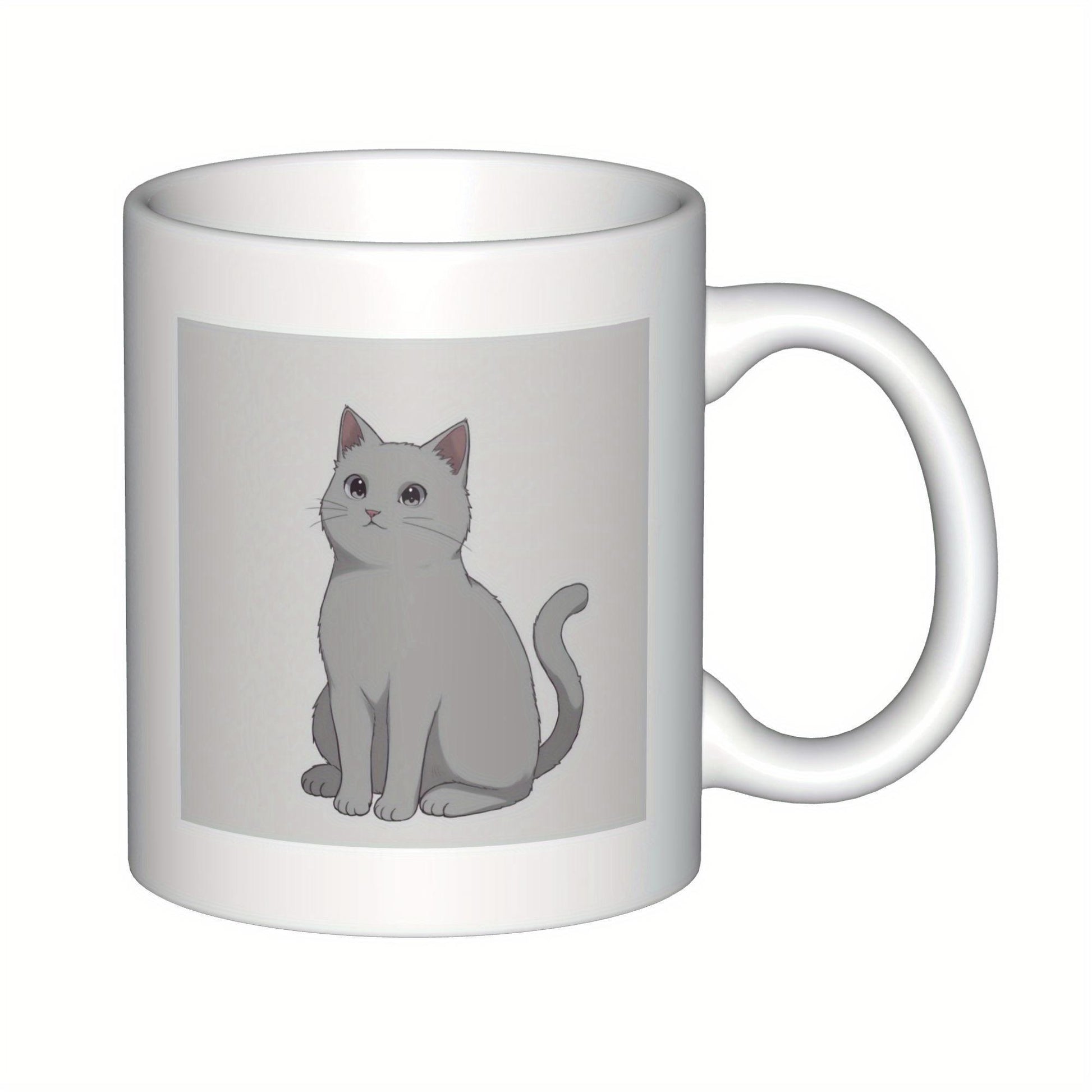 Tailorly White Ceramic 11 oz Mug - Charming Minimalist Gray Feline Sitting Peacefully On Neutral Square Background Cat