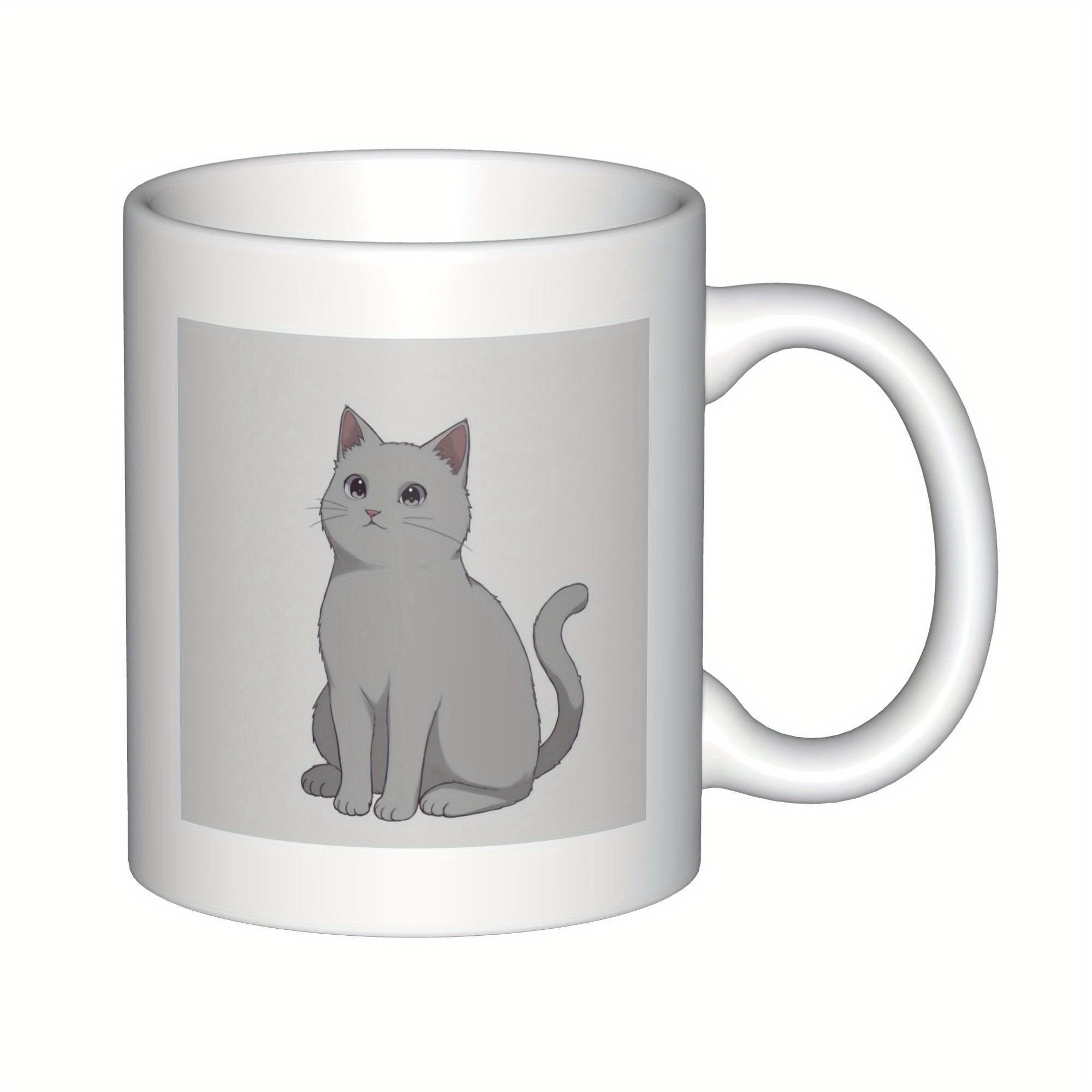 Tailorly White Ceramic 11 oz Mug - Charming Minimalist Gray Feline Sitting Peacefully On Neutral Square Background Cat