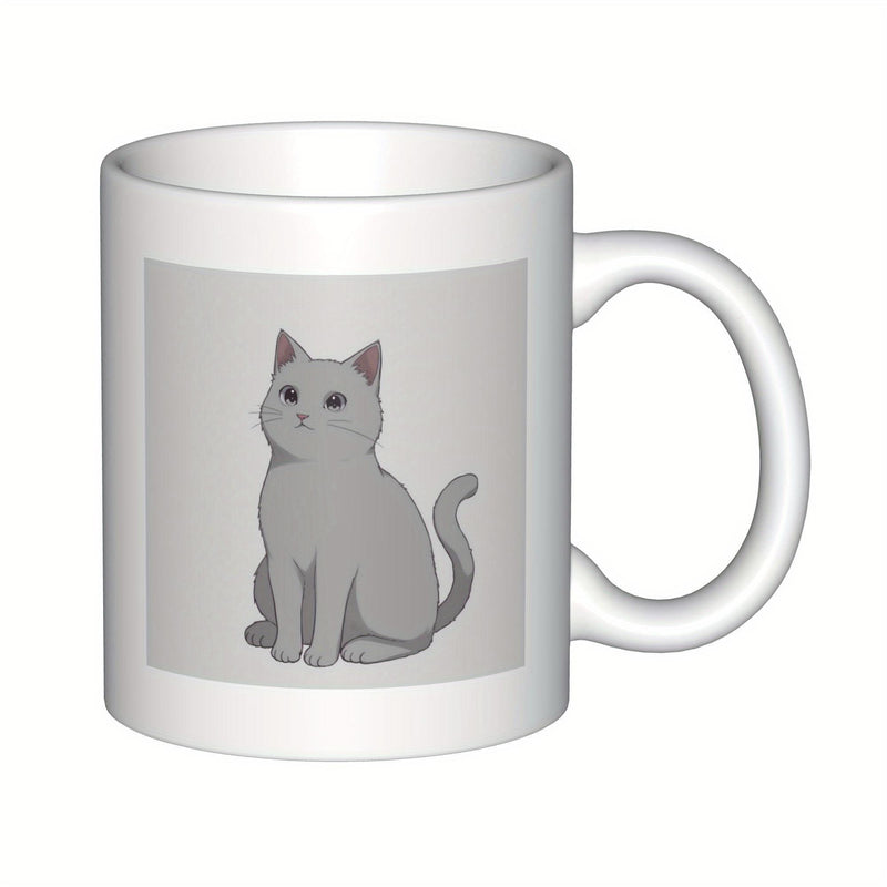 Tailorly White Ceramic 11 oz Mug - Charming Minimalist Gray Feline Sitting Peacefully On Neutral Square Background Cat