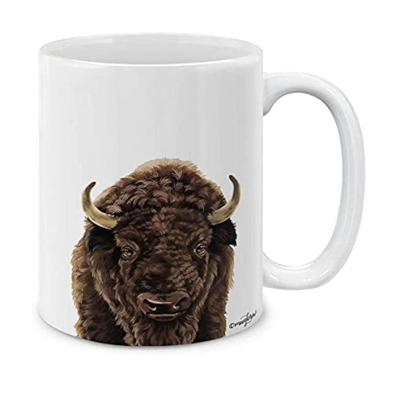 Tailorly White Ceramic 11 oz Mug - Majestic Wild American Buffalo With Thick Brown Fur And Strong Horns Bison