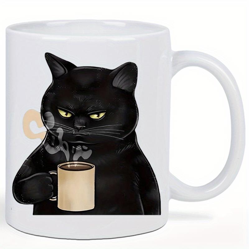 Tailorly White Ceramic 11 oz Mug - Grumpy Round Black Feline Holding Steaming Cup Of Hot Morning Coffee Cat