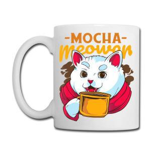Tailorly White Ceramic 11 oz Mug - Mocha Meowon Adorable White Feline Character Sipping Warm Coffee Wearing Cozy Red Winter Scarf Cat