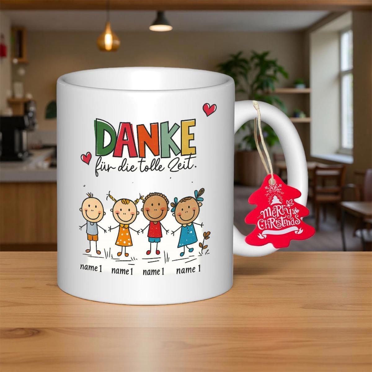 Tailorly White Ceramic 11 oz Mug - Hand Drawn Cartoon Children Holding Hands With Small Colorful Hearts Mug