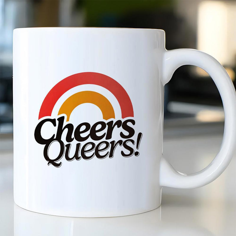 Tailorly White Ceramic 11 oz Mug - Cheers Queers Vibrant Retro Style Rainbow With Concentric Semi Circles In Warm Tones Mug