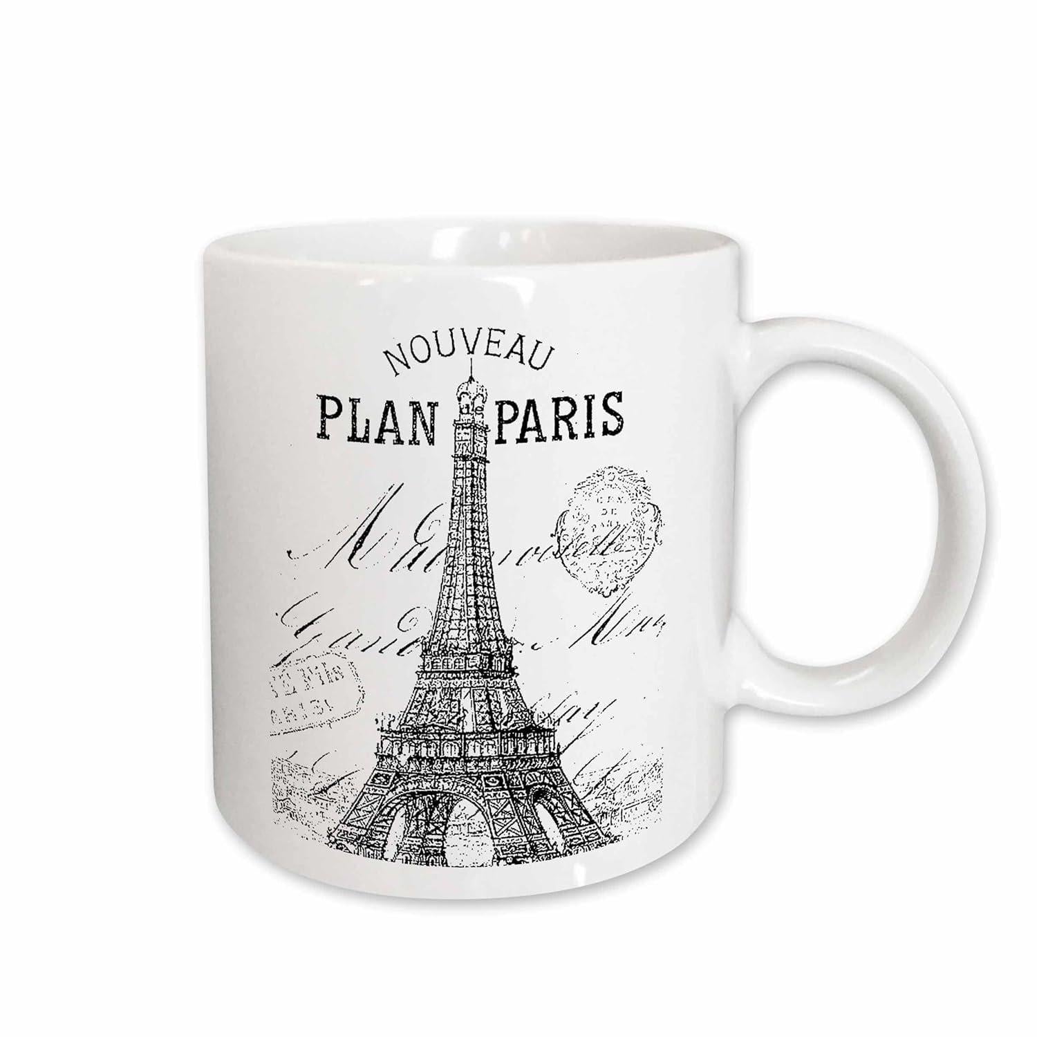 Tailorly White Ceramic 11 oz Mug - Plan Paris Vintage Sketch Of Iconic Landmark Among Artistic Script And Postmark Tower