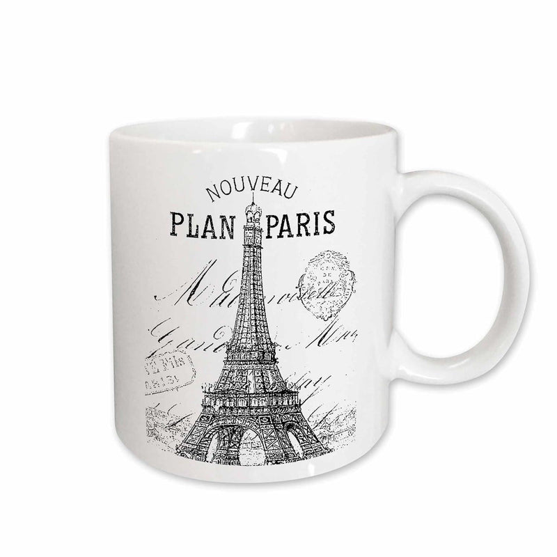 Tailorly White Ceramic 11 oz Mug - Plan Paris Vintage Sketch Of Iconic Landmark Among Artistic Script And Postmark Tower