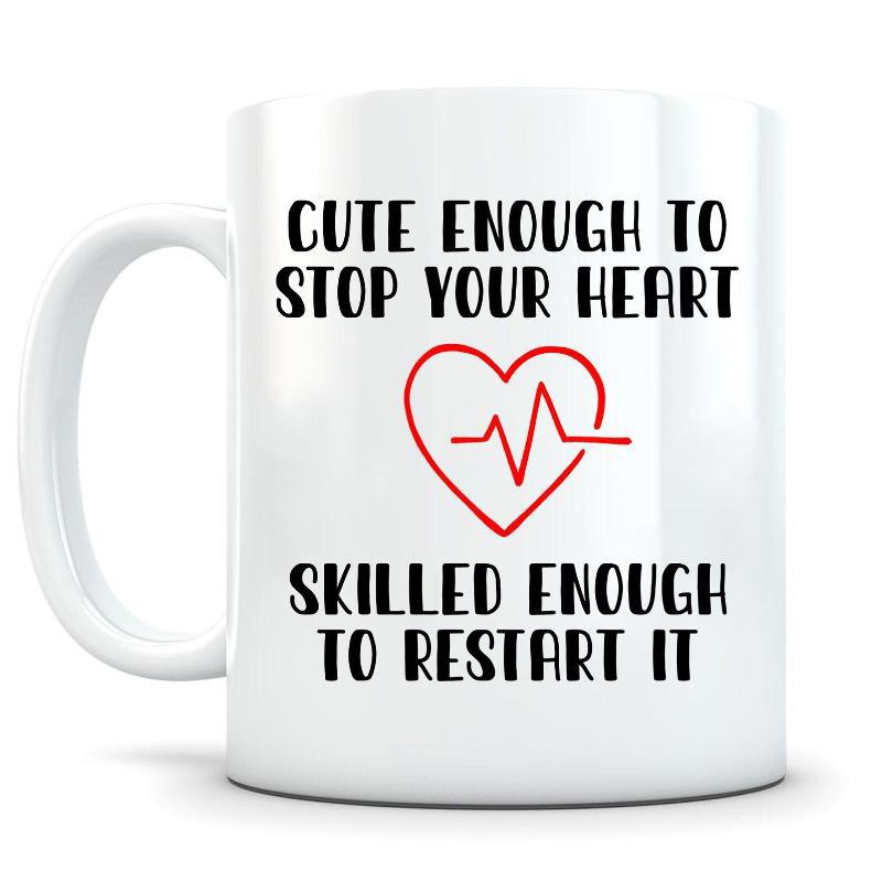 Tailorly White Ceramic 11 oz Mug - Cute Enough To Stop Your Heart Skilled Enough To Restart It Minimalist Red Heart Outline With Sharp Heartbeat Pulse Rhythm