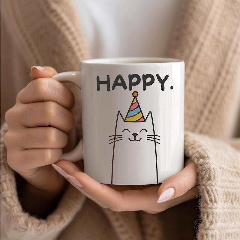 Tailorly White Ceramic 11 oz Mug - Happy Adorable Smiling White Feline Wearing Colorful Striped Birthday Party Hat Cat