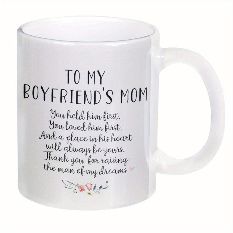 Tailorly White Ceramic 11 oz Mug - To My Boyfriends Mom Delicate Pink Blossoms With Tiny Green Leaves Small Floral Mug
