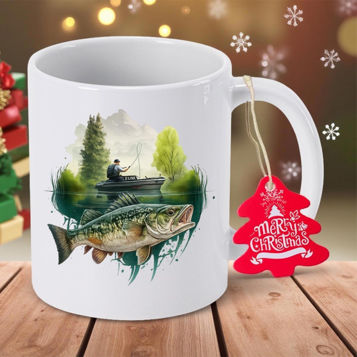 Tailorly White Ceramic 11 oz Mug - Merry Christmas Serene Fishing Scene With Angler On Calm Lake Water Large Jumping Bass