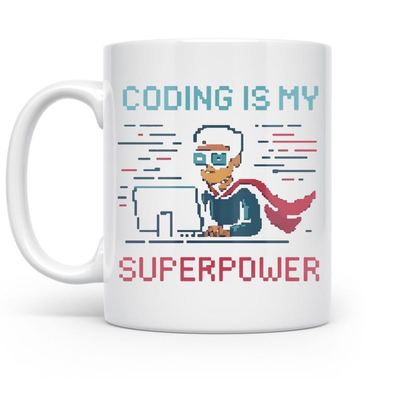 Tailorly White Ceramic 11 oz Mug - Coding Is My Superpower Pixel Art Character Sitting At Computer With Red Cape Programmer