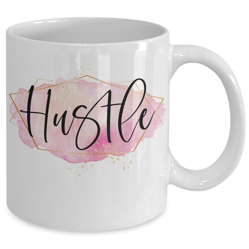 Tailorly White Ceramic 11 oz Mug - Hustle Abstract Pink Watercolor Splash Within Thin Golden Geometric Frame Mug