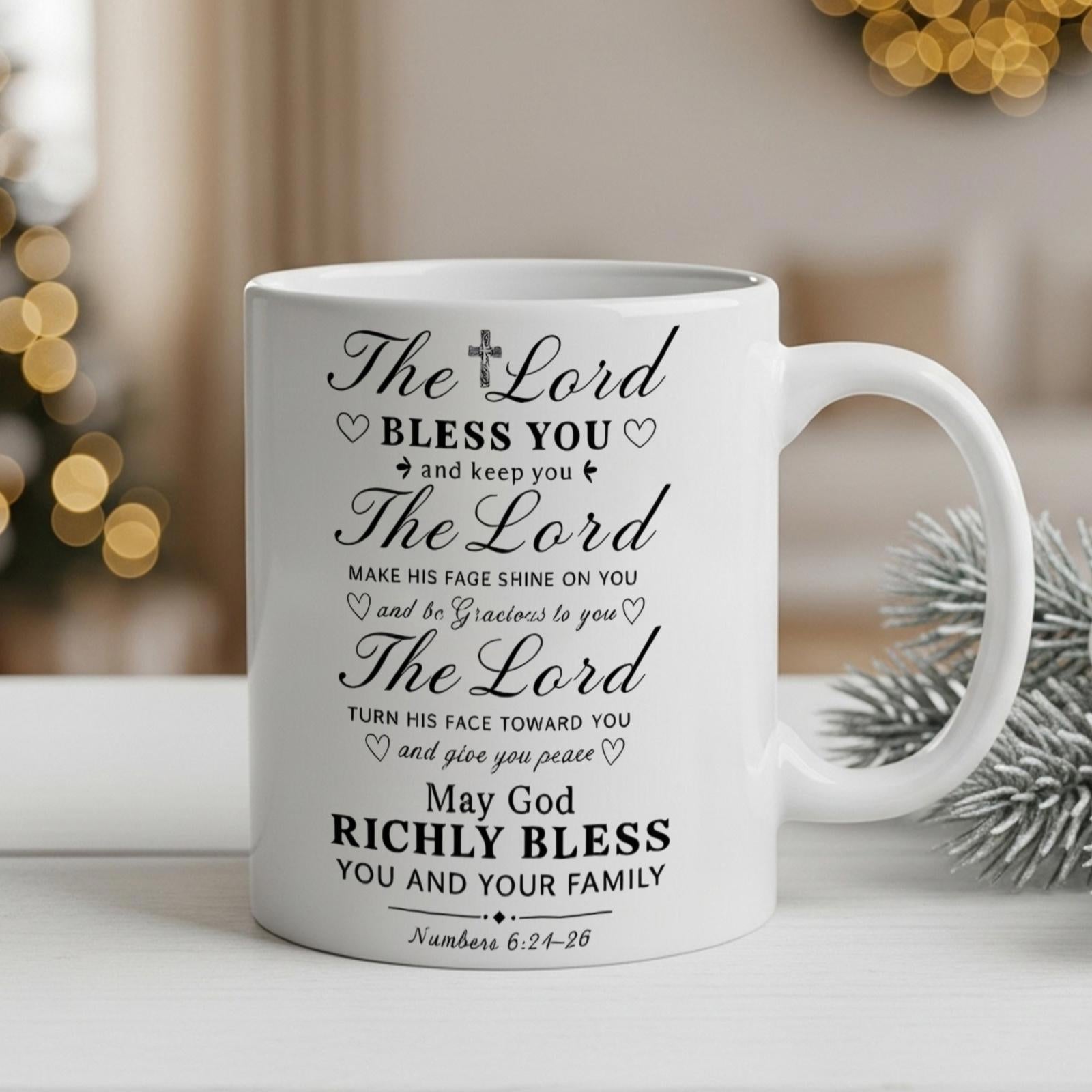 Tailorly White Ceramic 11 oz Mug - The Lord Bless You And Keep You Polished With Black Elegant Script Religious Message Mug