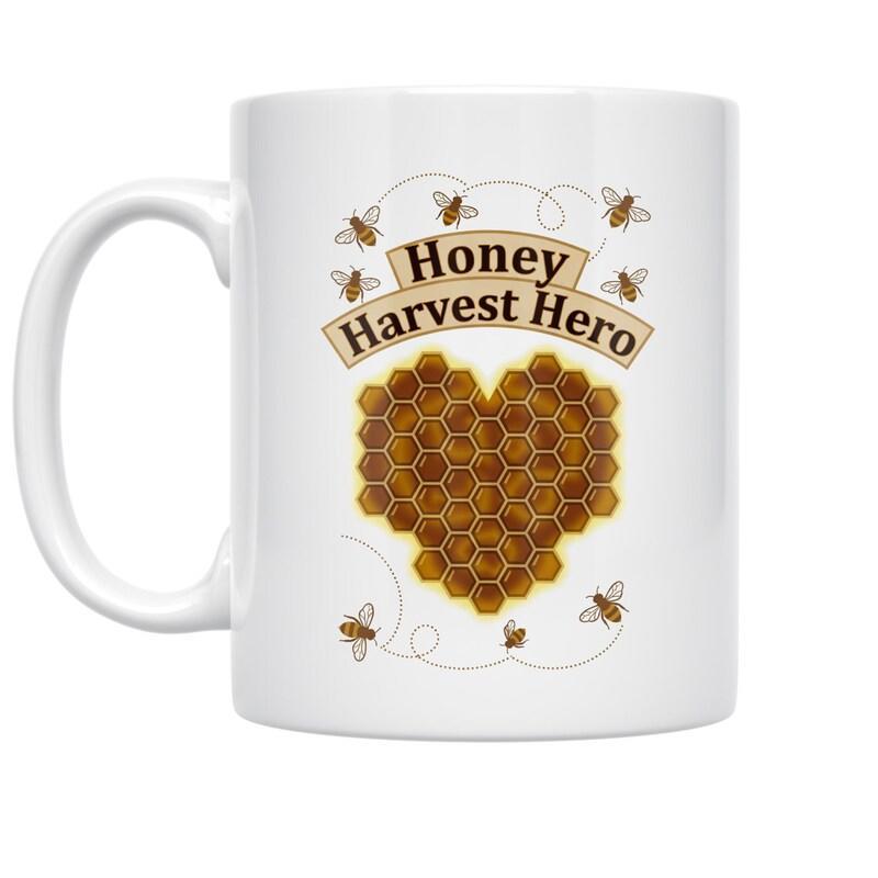Tailorly White Ceramic 11 oz Mug - Honey Harvest Hero Heart Shaped Honeycomb With Busy Honeybees Flying Among Golden Nectar Cells Honeycomb