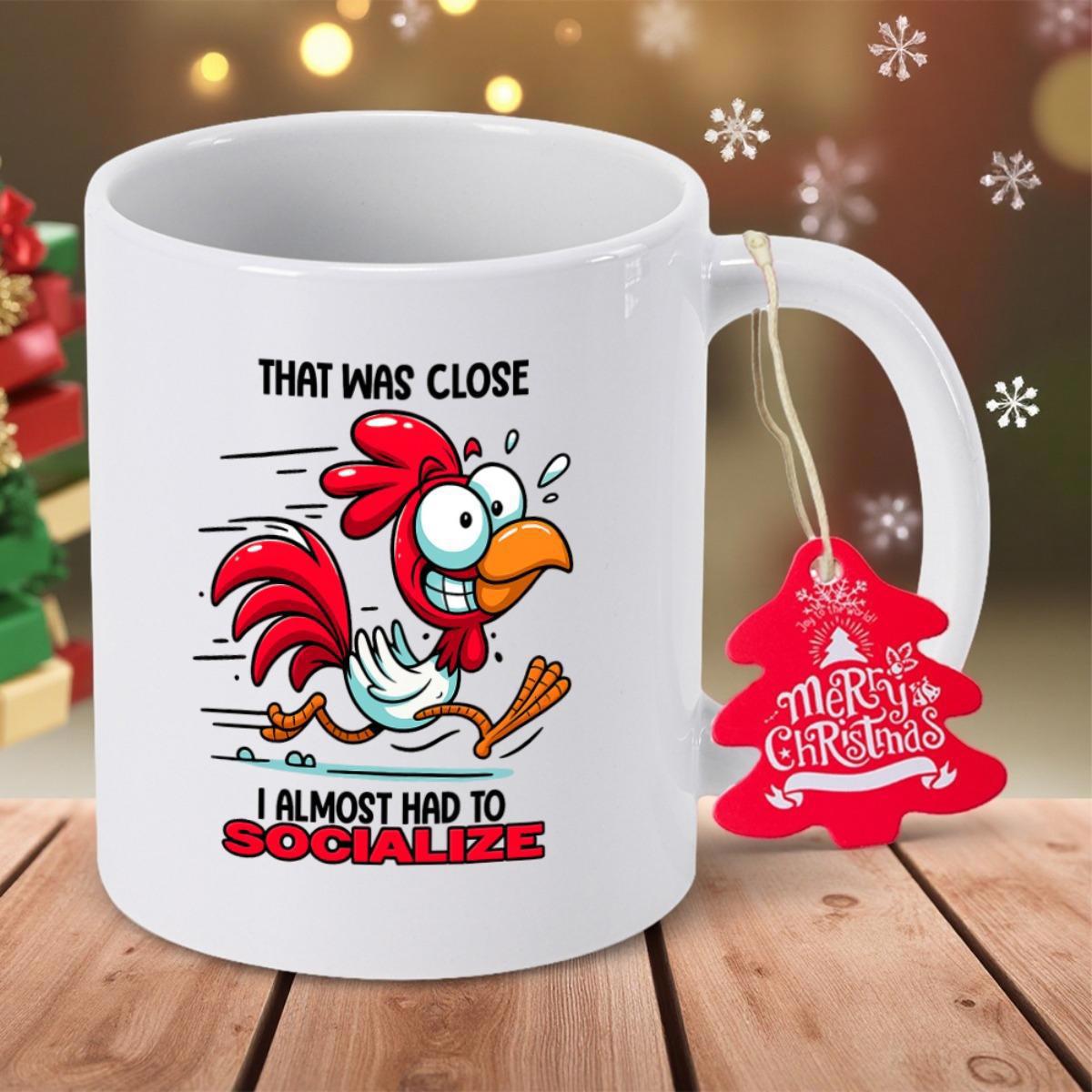 Tailorly White Ceramic 11 oz Mug - That Was Close I Almost Had To Socialize Energetic Cartoon Bird Running Fast With Panicked Expression And Motion Lines Rooster