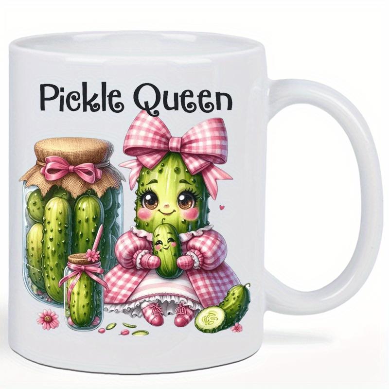 Tailorly White Ceramic 11 oz Mug - Pickle Queen Adorable Character Wearing Pink Gingham Dress With Large Bow Pickle
