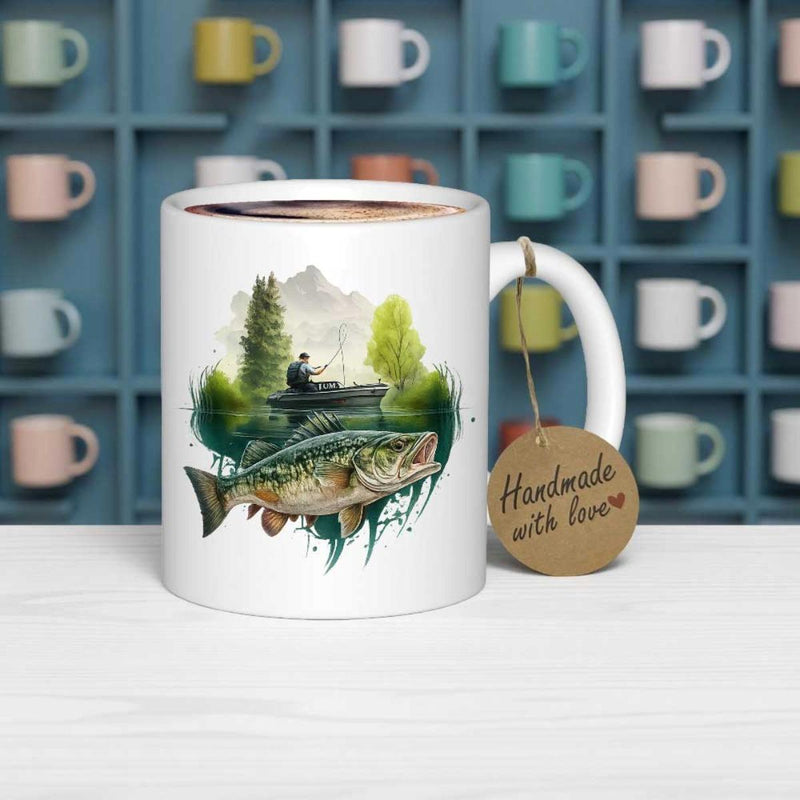 Tailorly White Ceramic 11 oz Mug - Serene Nature Scene Featuring A Fisherman Above A Large Bass