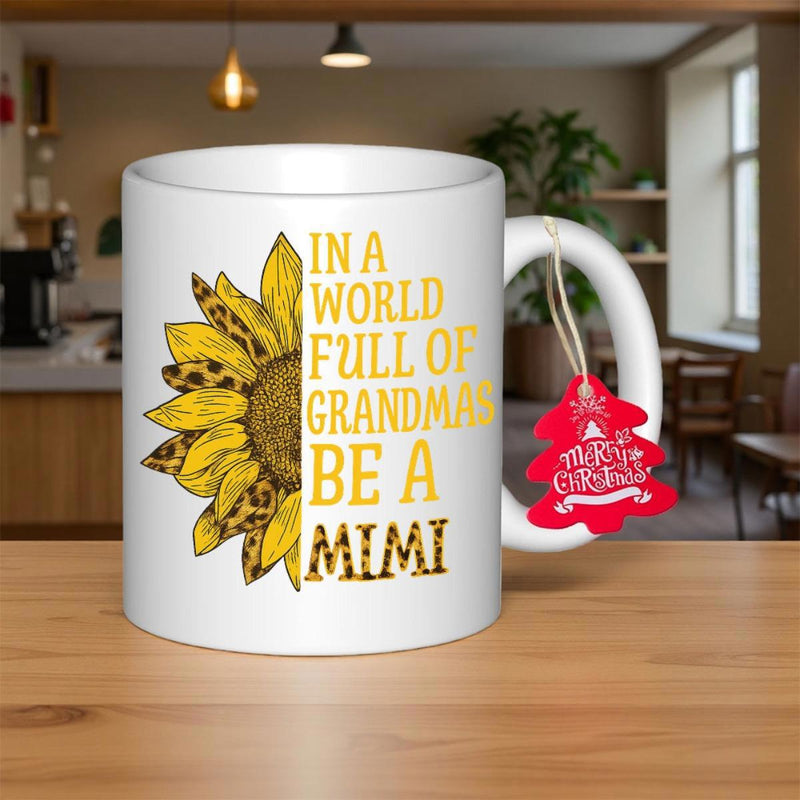 Tailorly White Ceramic 11 oz Mug - In A World Full Of Grandmas Be A Mimi Vibrant Half Blooming Yellow Petals With Leopard Texture Sunflower