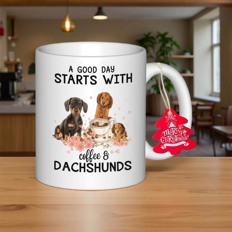 Tailorly White Ceramic 11 oz Mug - A Good Day Starts With Coffee Dachshunds Three Adorable Puppies Sitting Among Pink Petals And A Coffee Mug Dachshund