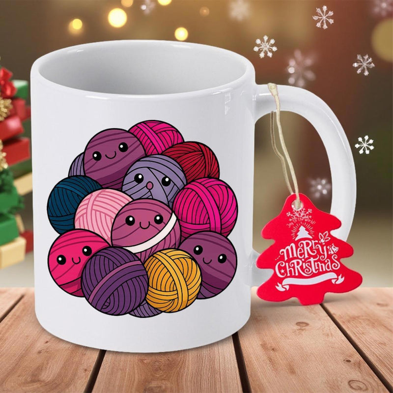 Tailorly White Ceramic 11 oz Mug - Merry Christmas Vibrant Hand Drawn Balls Of Yarn Featuring Tiny Smiling Faces Yarn