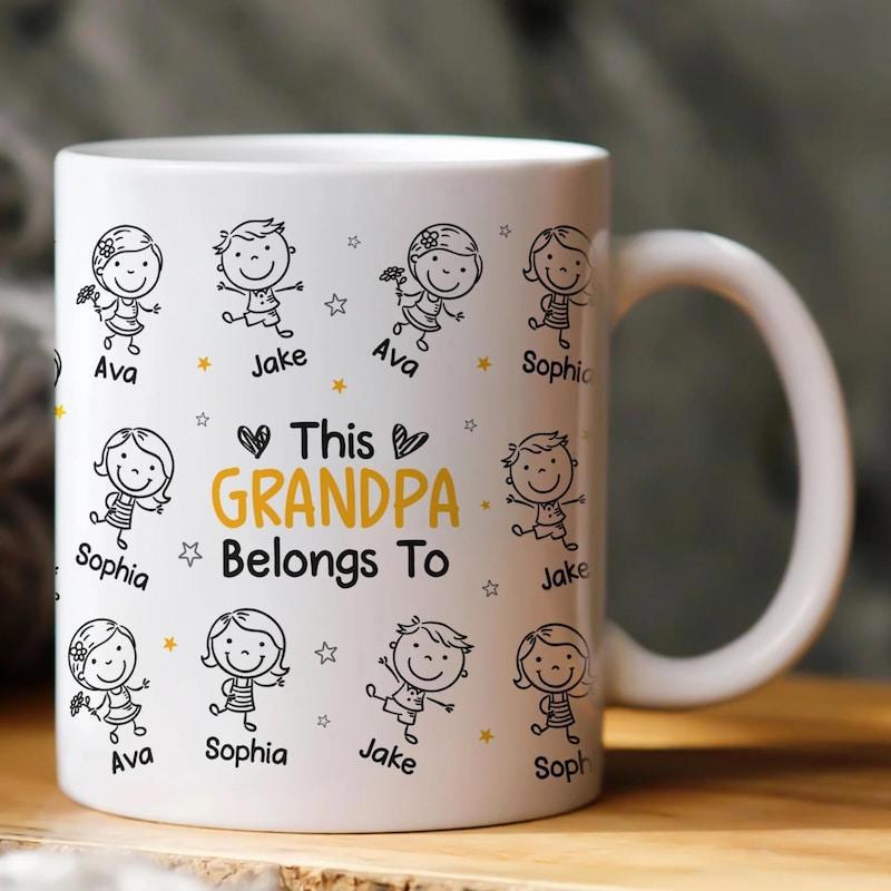 Tailorly White Ceramic 11 oz Mug - This Grandpa Belongs To Ava Jake Sophia Playful Hand Drawn Stick Figure Children Surrounded By Tiny Stars And Hearts Mug