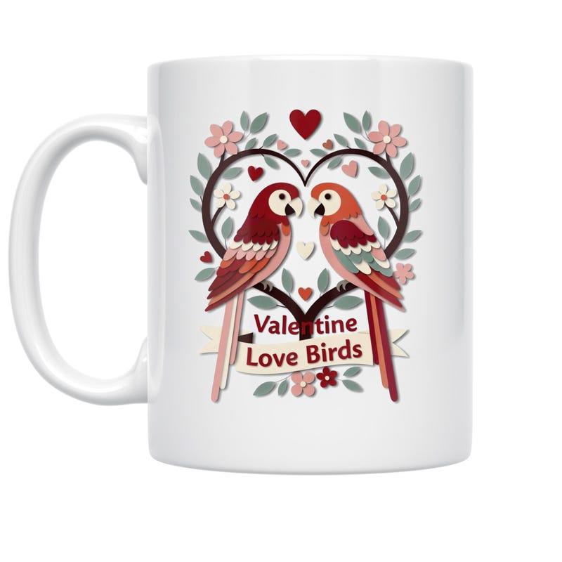 Tailorly White Ceramic 11 oz Mug - Valentine Love Birds Two Tropical Parrots Sitting Inside Heart Shaped Floral Branch Among Small Hearts Birds