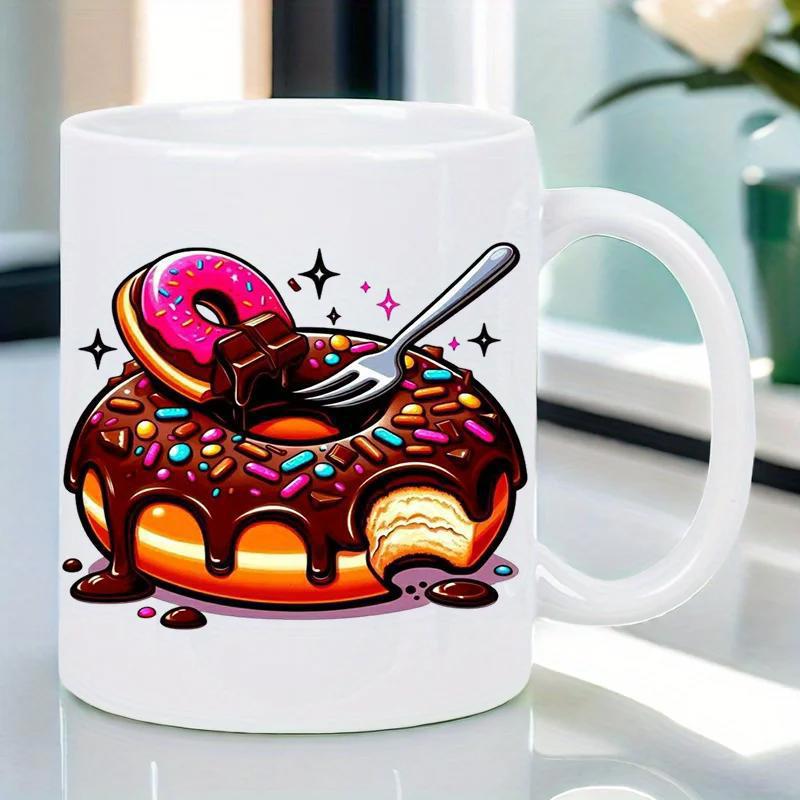 Tailorly White Ceramic 11 oz Mug - Delicious Glazed Chocolate Treat With Colorful Sprinkles And Shiny Silver Fork Donut