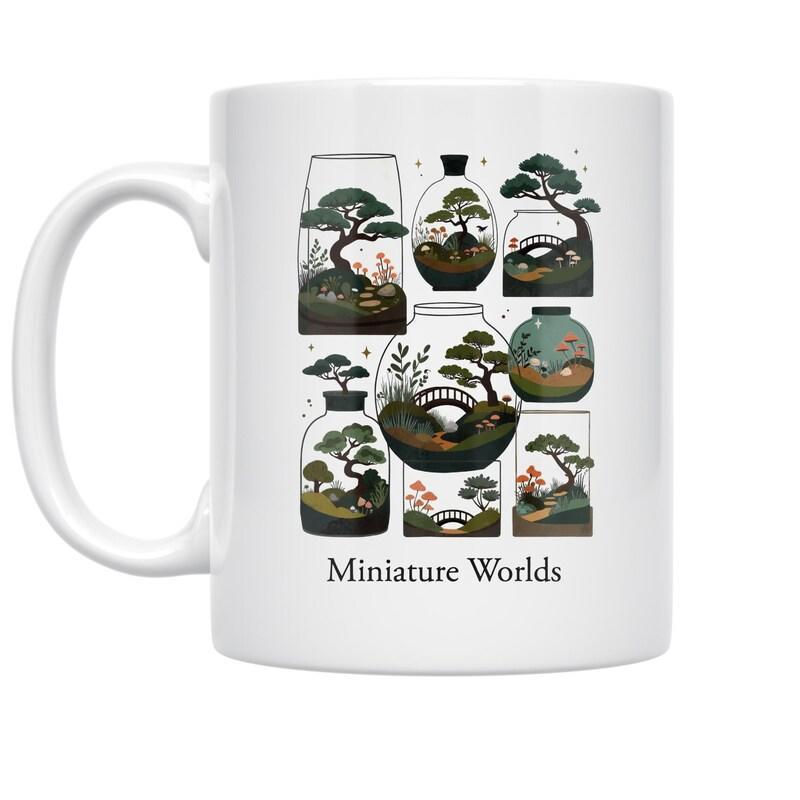 Tailorly White Ceramic 11 oz Mug - Miniature Worlds Various Artistic Bonsai Trees Growing Inside Different Decorative Glass Bottles And Jar Terrarium